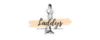 Le logo "Laddys" présente un nom écrit en lettres cursives noires, stylées et élégantes, avec le "L" initial agrandi. En dessous, en capitales plus petites, se trouve la mention "AU SERVICE DE LA BEAUTÉ". Un fond abstrait couleur beige clair évoque un coup de pinceau, donnant une impression sophistiquée et moderne.